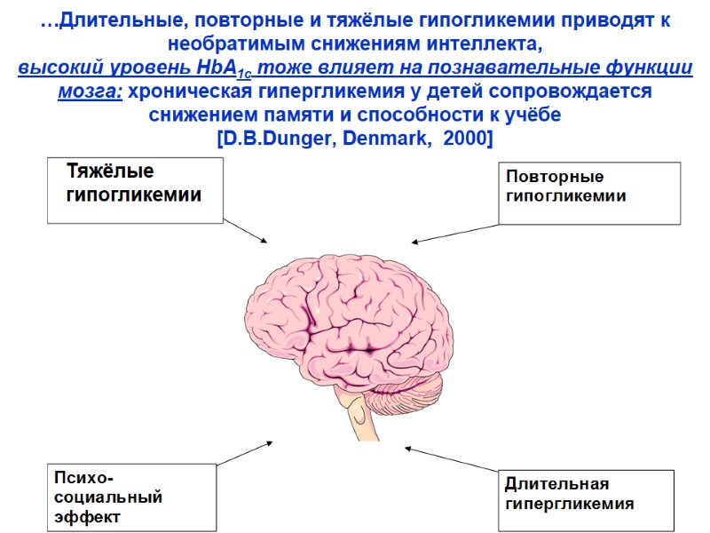 …Длительные, повторные и тяжёлые гипогликемии приводят к необратимым снижениям интеллекта,  высокий уровень HbA1с